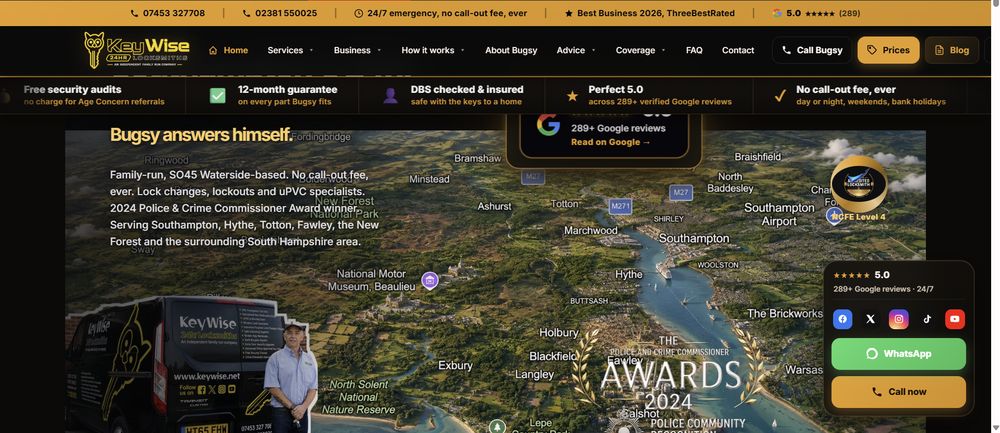 keywise.net live desktop homepage — call-first design with trust bar and live Google reviews