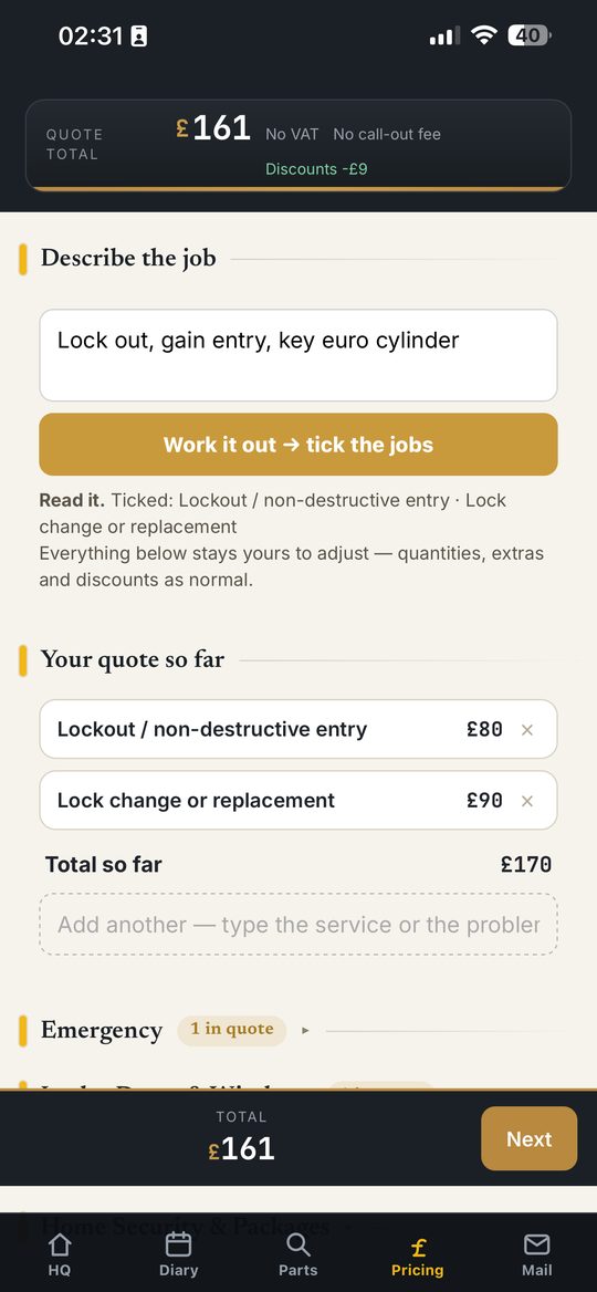 KeyWise HQ pricing — describe the job in plain words and the quote builds itself
